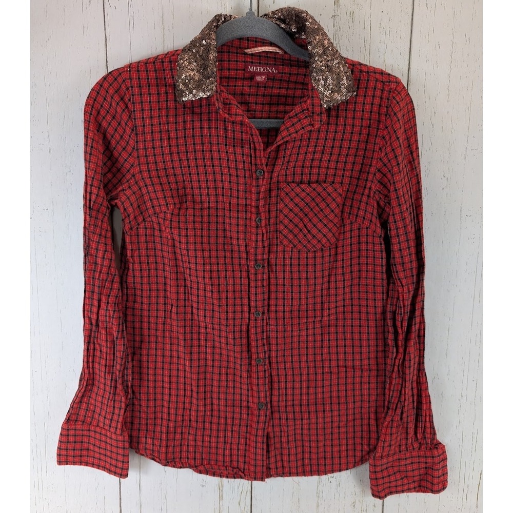 Merona‎ Size XS Womens Red Black Plaid Button Up Long Sleeve Top